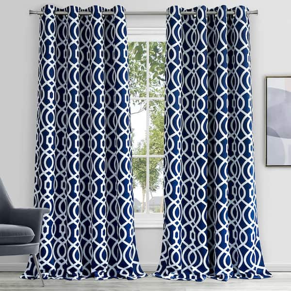 Trellis Printed Design 54" x 84" Black out Single Window Panel in Navy