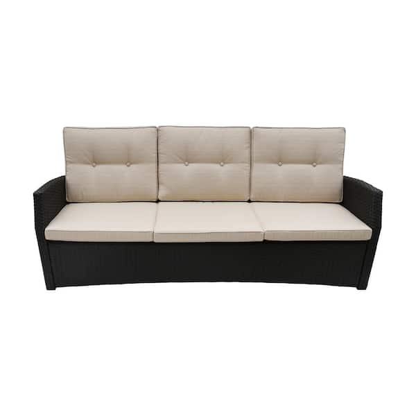 Sanger Dark Brown Wicker Outdoor Patio Sofa with Beige Cushions