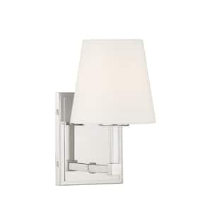 1-Light Polished Nickel Wall Sconce with a White Linen Shade