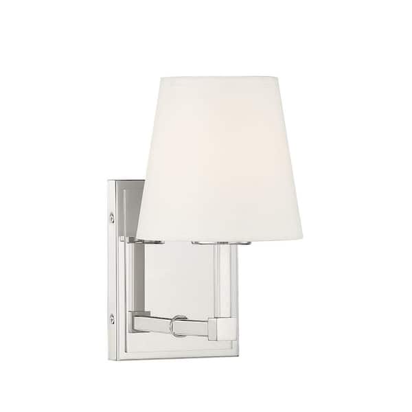 TUXEDO PARK LIGHTING 5.5 in. W x 9.5 in. H 1-Light Polished Nickel Vanity Light Wall Sconce with a White Linen Shade