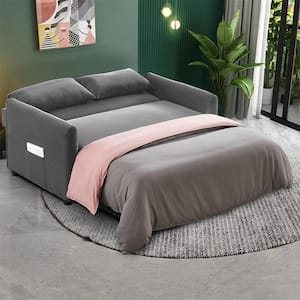 57.1 in. Wide Gray Flared Arm Velvet Straight Twin Size Sofa Bed with Pull Out Sleeper