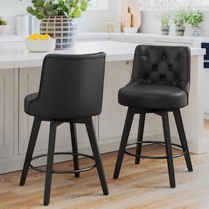 Rowland 26.5 in Seat Height Black Faux Leather Counter Height Solid Wood Leg Swivel Bar stool（Set of 2）