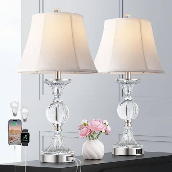 25 in. Glass Table Lamps Set of 2, 3-Way Dimmable Touch Control Bedside Lamp w/ USB A plus C Ports Silver Bulbs Included