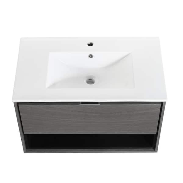 ANTFURN 18.00 in. W x 32.00 in. D x 20.00 in. H Floating Bath Vanity in Grey with White Ceramic Top