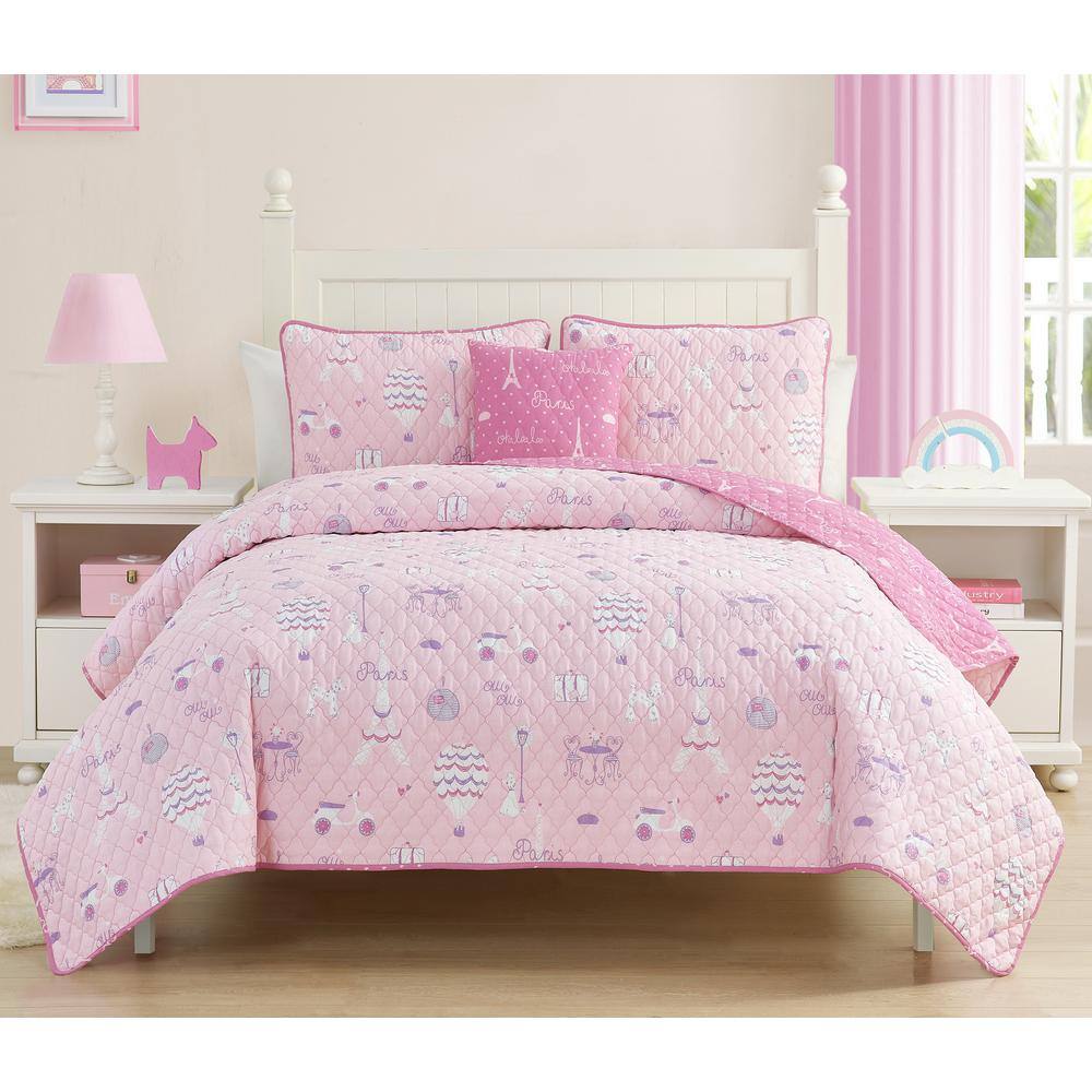 Paris Dreams Pink Reversible Cotton Full Quilt Set