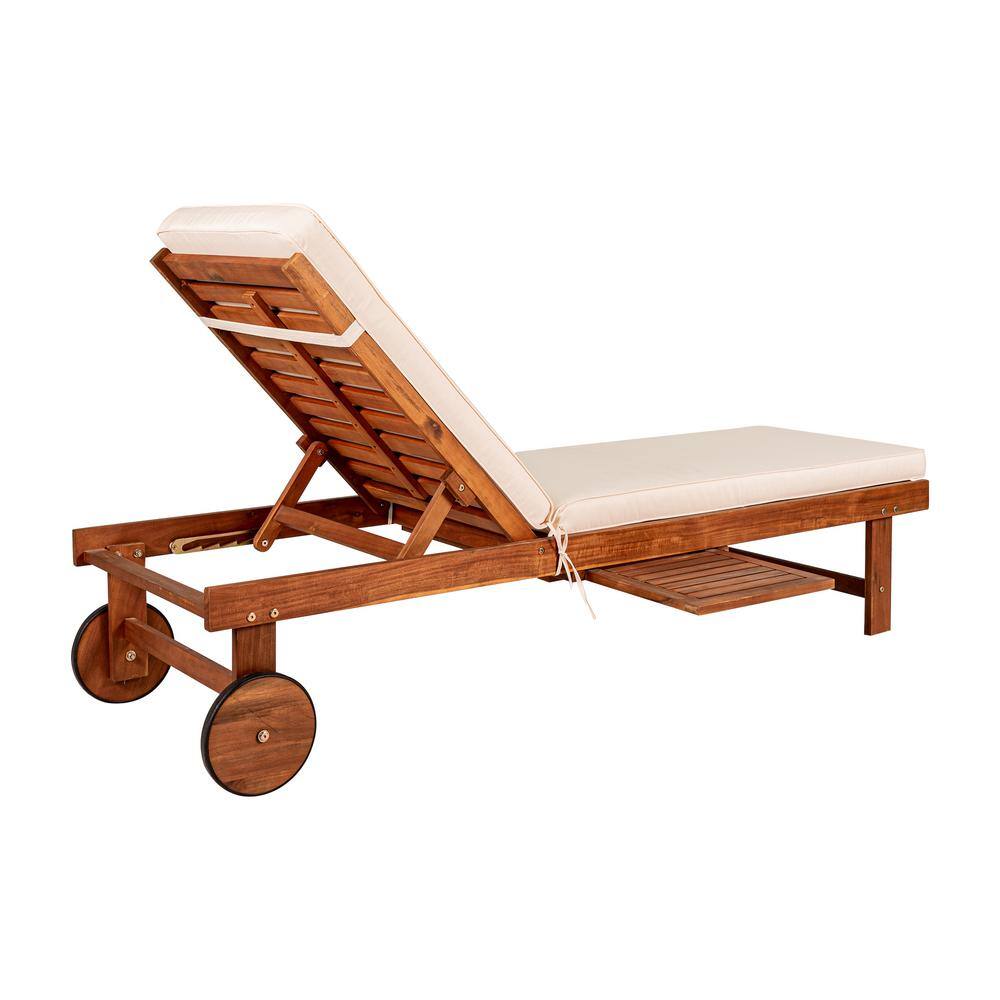 Seabrook 69" Acacia Wood Outdoor Lounger with Cream Cushion and Slide Table