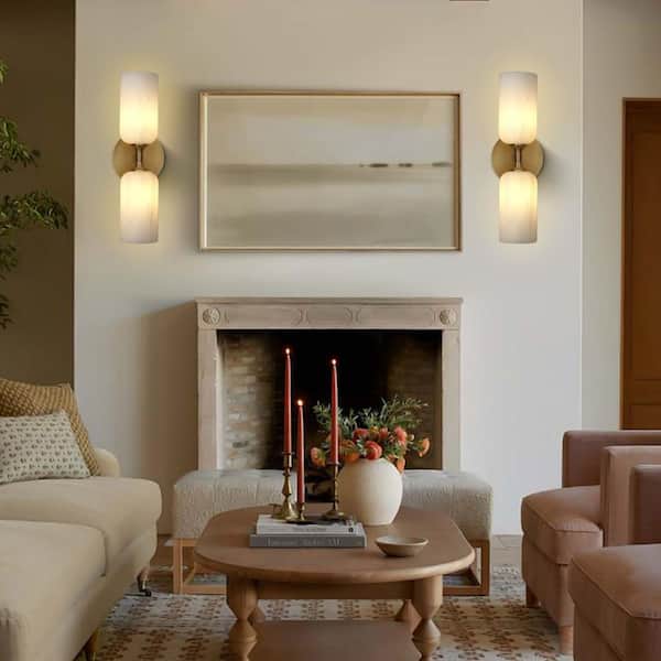 2-Light 14 in. Brass Dimmable Alabaster Wall Sconces, Natural Marble Wall Sconces for Bedroom, Hallways (2-Piece)