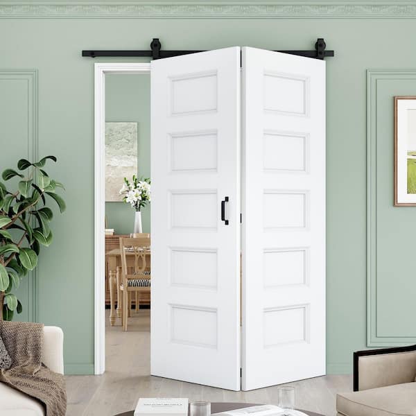 60 in. x 80 in. 5 Panel Bifold Closet Barn Door Save Space White Primed MDF Bi-fold Sliding Barn Door with Hardware Kit