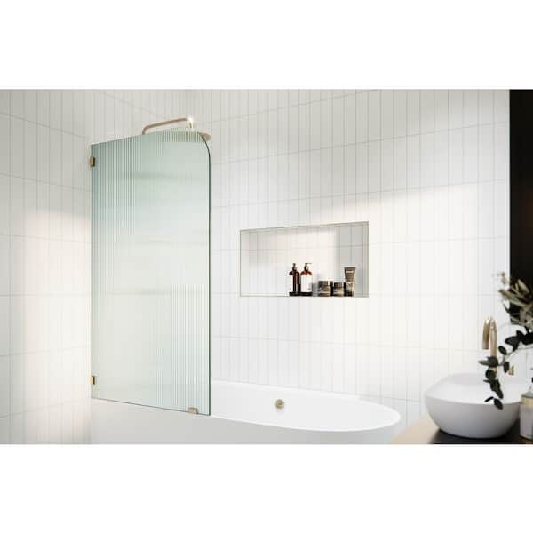 Aurora 30 in. W x 58.25 in. H Left-Hand Single Fixed Frameless Radius Tub Door in Brushed Bronze with Fluted Glass