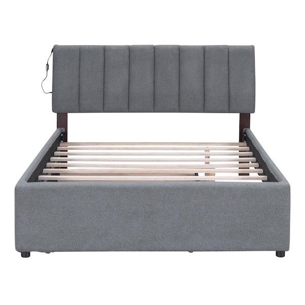 Gray Wood Frame Teddy Fleece Full Size Upholstered Platform Bed with Trundle and LED Lights