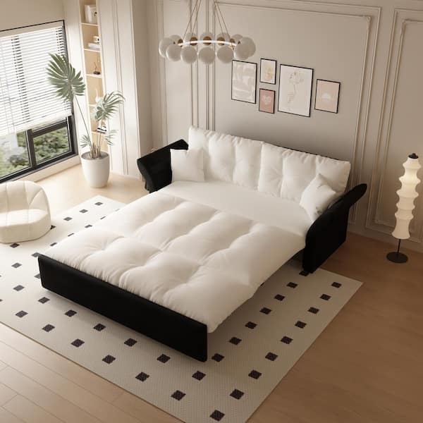 74.8 in. Beige Velvet Queen Size Sofa Bed Convertible Loveseat with 2 Soft Pillows