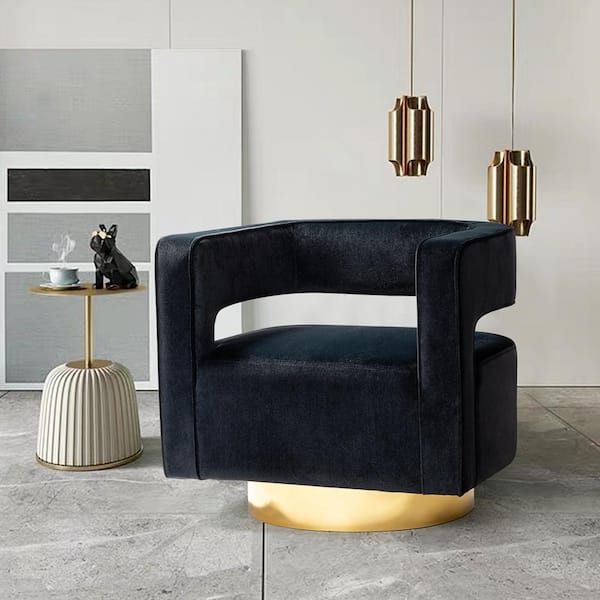 JAYDEN CREATION Gustaf Contemporary Velvet Black Comfy Swivel Barrel Chair with Open Back and Metal Base