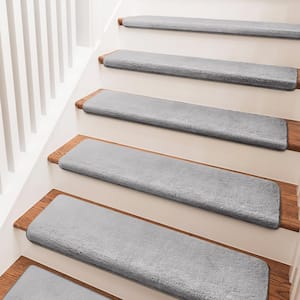 Soft Plush Light Gray 9.5 in. x 30 in. x 1.2 in. Bullnose Indoor Stair Tread Cover Tape Free Non-slip Carpet Set of 14