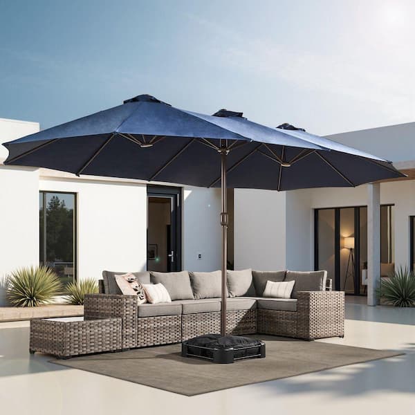 15 ft. x 9 ft. Rectangular Metal Double-Sided Market Patio Umbrella with Base and Crank in Dark Blue