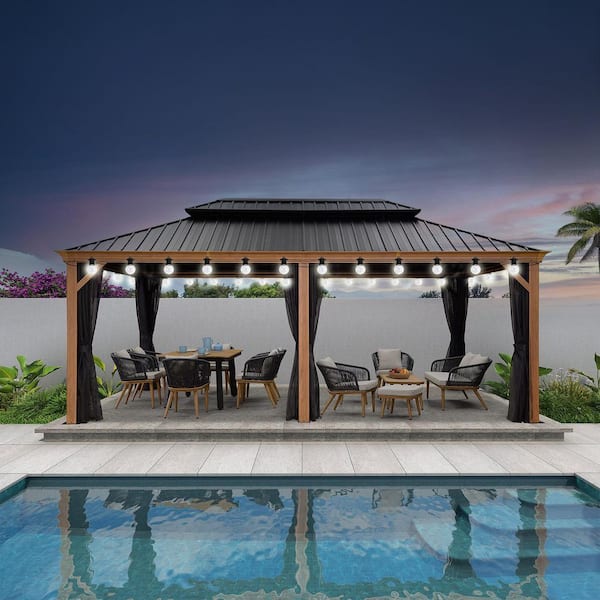 12 ft.x 20ft.Wood Grain Luxury Aluminum Frame Patio Outdoor Hardtop Gazebo for Backyard,Hooks,Upgraded Netting 36-Lights