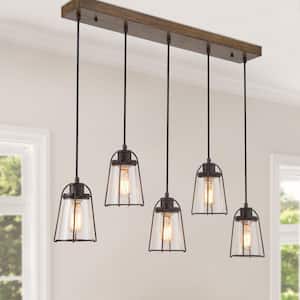 Modern Farmhouse Dining Room Chandelier 5-Light Rustic Bronze Chandelier for Kitchen Island with Faux Wood Accent