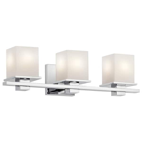 KICHLER Tully 24 in. 3-Light Chrome Contemporary Bathroom Vanity Light with Satin Etched Cased Opal Glass