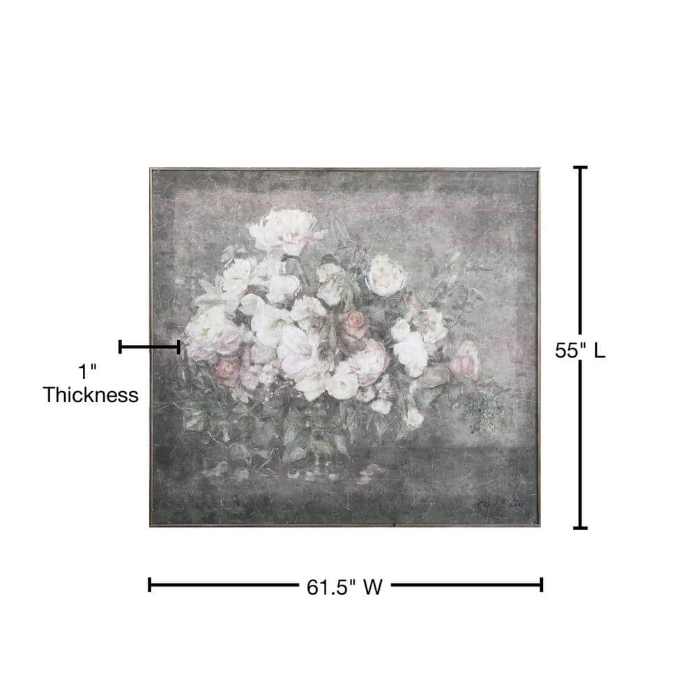 Large Gray and Pink Floral Canvas Painting with Distressed Wood Frame