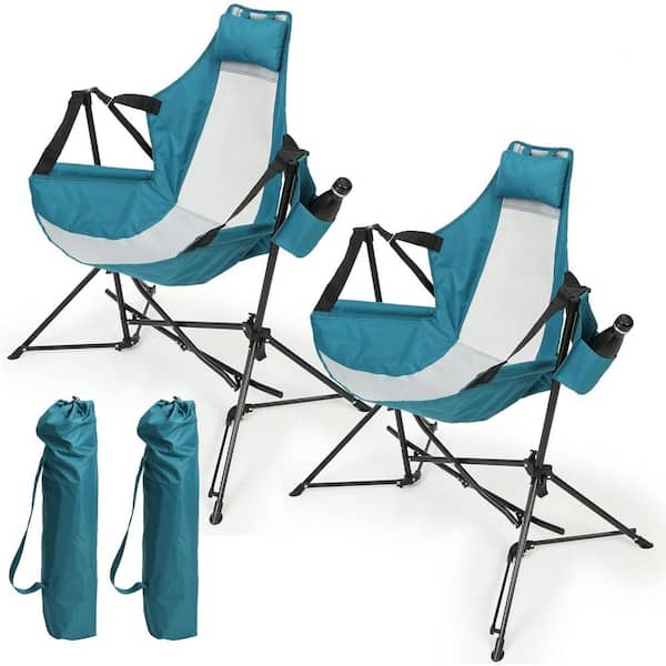 Tenleaf 2-Piece Blue Steel Portable Rocking Camping Outdoor Lounge Chair with Pillow Cup Holder, Adjustable Back, Carry Bag