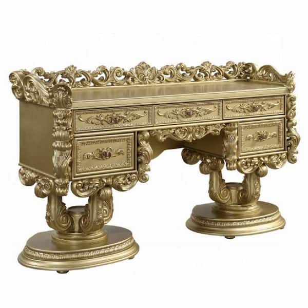 Rexx Gold Wood Makeup Vanity Desk with Ornate Carvings