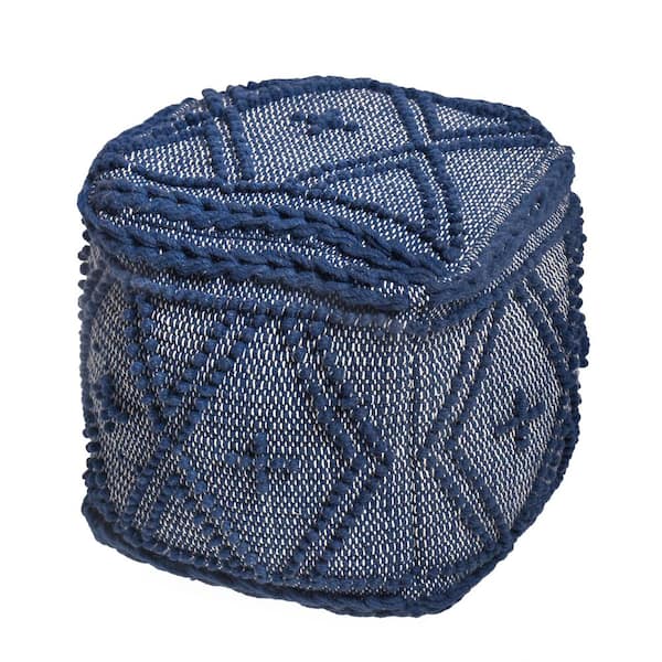 Noble House Lewis Navy Blue Handcrafted Fabric Cube Pouf