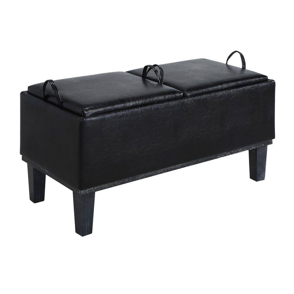 Brentwood Black Faux Leather Storage Ottoman with Reversible Trays