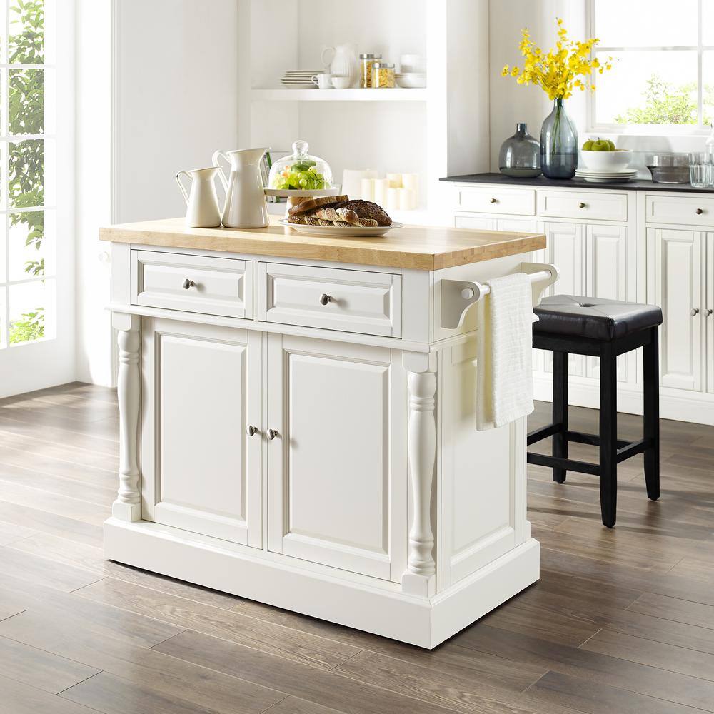 White Wood Kitchen Island with Black Stools