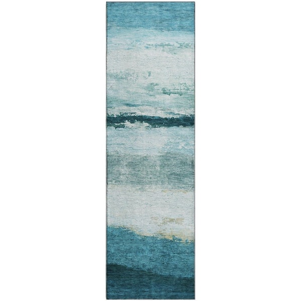 Mayfield Premium Machine Washable Abstract AMF2169 Teal 2 ft. x 7 ft. Runner Rug