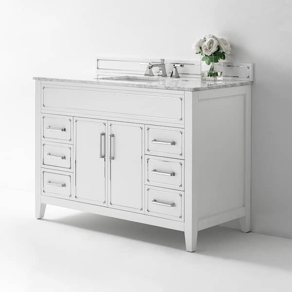 Aspen 48 in. W x 22 in. D Bath Vanity in White with Vanity Top in Carrara White Marble with White Basin