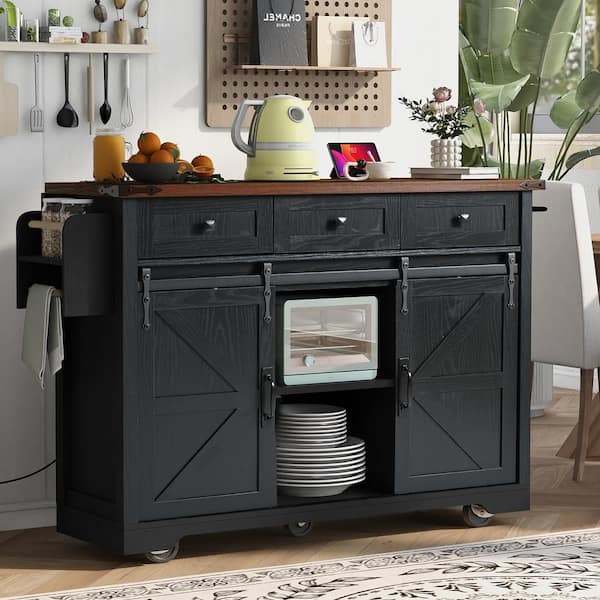 Polibi Wood 53.7 in. in. Kitchen Island with Power Outlet, 2 Sliding Barn Door, Drop Leaf and Wheels, Black/Brown