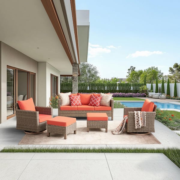 5-Piece Wicker Patio Conversation Set with Orange Cushions