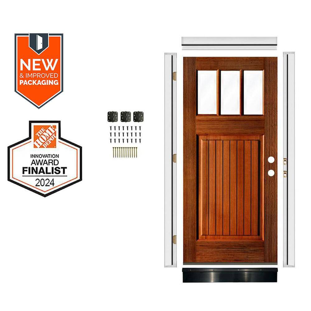 DIY 36in. x 80 in. Left-Hand 3-Lite Clear Glass Red Chestnut Stain Hemlock Wood Front Door Kit w/Quick Assemble Jamb, VG price history on PriceWatchPro