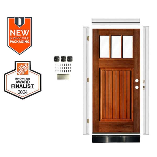 Krosswood Doors DIY 36in. x 80 in. Left-Hand 3-Lite Clear Glass Red Chestnut Stain Hemlock Wood Front Door Kit w/Quick Assemble Jamb, VG