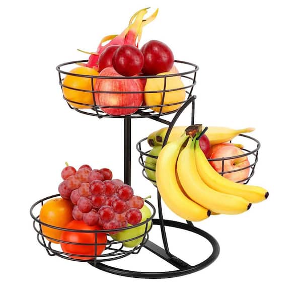 1 Piece Detachable Fruit Basket Bowl with Banana Hanger, Fruit Vegetable Storage Basket for Kitchen Counter, Black