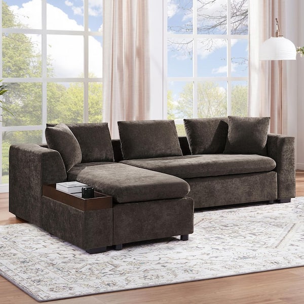 aisword 93.7 in. Upholstered L-shaped Chenille Sectional Sofa in Brown with Wooden Storage Compartment, Pillows