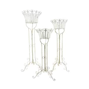 Set of 3 Standing Iron Pedestal Plant Stands in Antique White