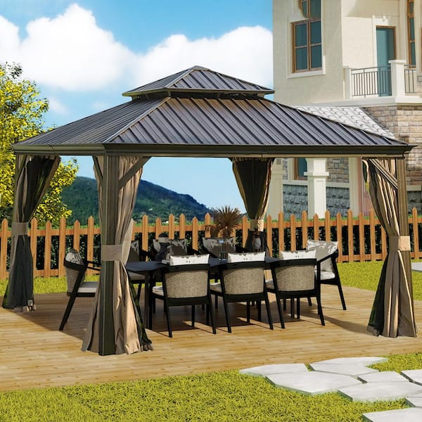 ToolCat 12 ft. x 12 ft. Brown Hardtop Gazebo, Aluminum Frame Canopy with Galvanized Steel Double Roof, Curtains and Netting