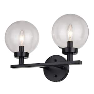 Lander 15 in. W 2-Light Matte Black Vanity Light Bathroom Wall Fixture with Clear Glass Globes