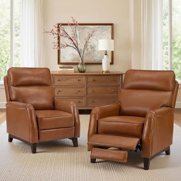 Kelipo 30.7 in. W Cognac Brown Genuine Leather Recliner Chair with Solid Wood Legs Highback Reclining Sofa (Set of 2)