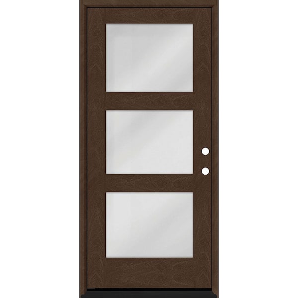 Regency 36 in. x 80 in. Modern 3-Lite Equal Clear Glass LHIS Hickory Mahogany Fiberglass Prehung Front Door w/6 in. Jamb