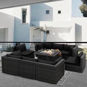 Luxury 9-Piece Charcoal Wicker Patio Enlarged Deep Seating Sectional Sofa Set with Fire Pit Table and Black Cushions