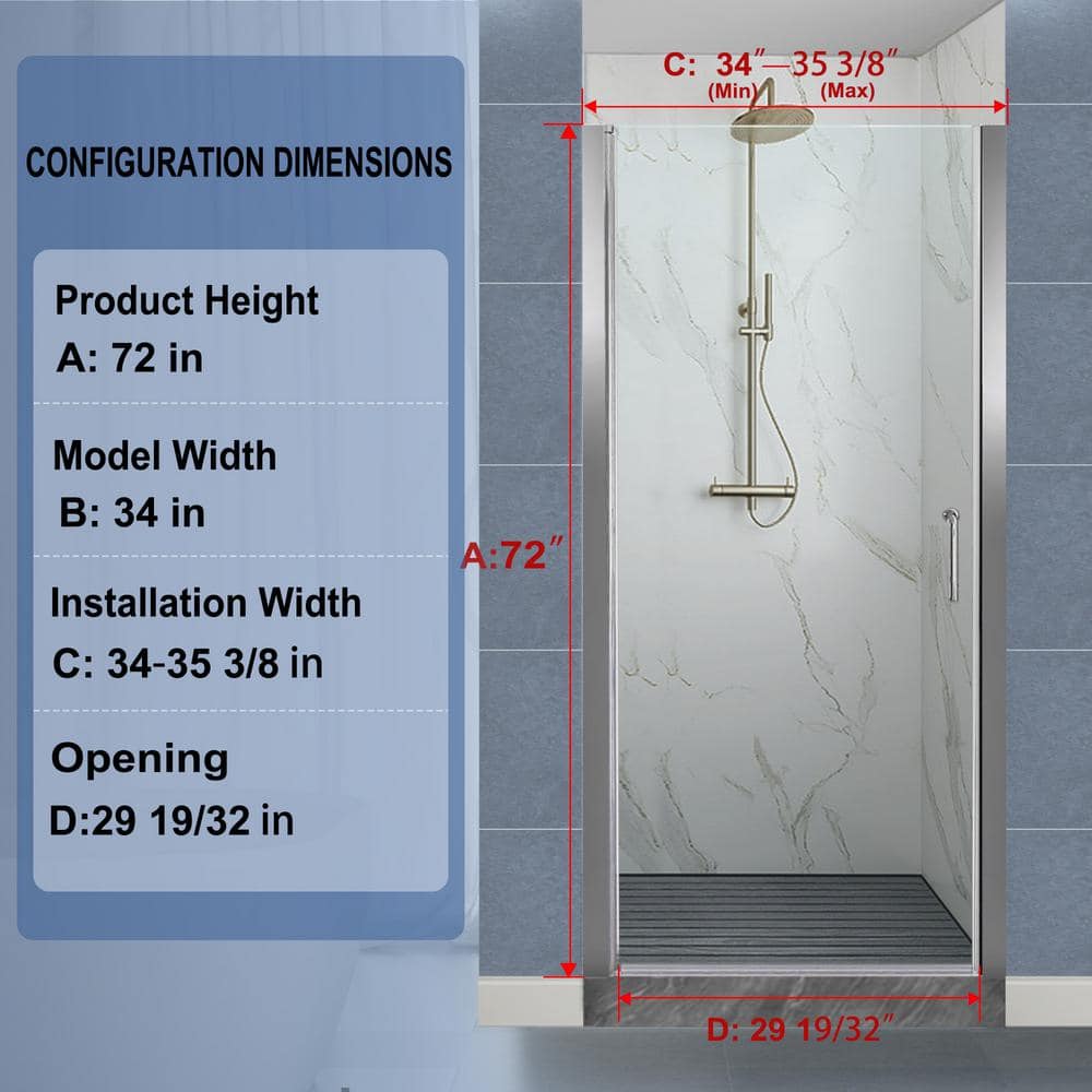72" Frameless Chrome Pivot Shower Door with Clear Glass
