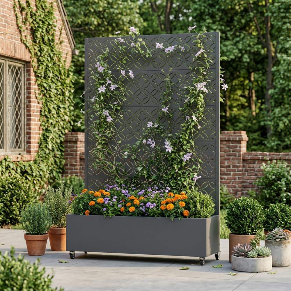 "72"" H x 47"" W Gray Metal Raised Planter Box with Trellis, Freestanding Raised Garden Bed for Vines, Flowers & Herbs" price history on PriceWatchPro