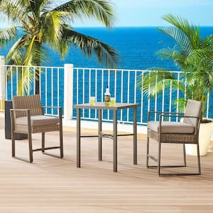 3-Piece Rattan Patio Wicker Outdoor Bistro Sets with Cushions, 2 Outdoor Bar Stools and 1 Square Bar Table, Beige