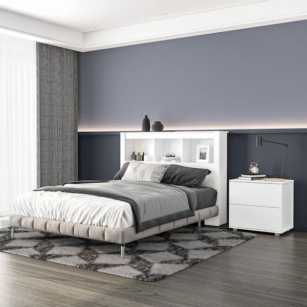 Madison 2 Piece White Wood Full Size Bedroom Set Headboard and Nightstand
