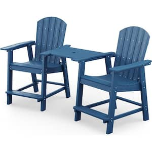 Navy Blue Plastic Adirondack Outdoor Bar Stools with Removable Connecting Table (2-Pack)