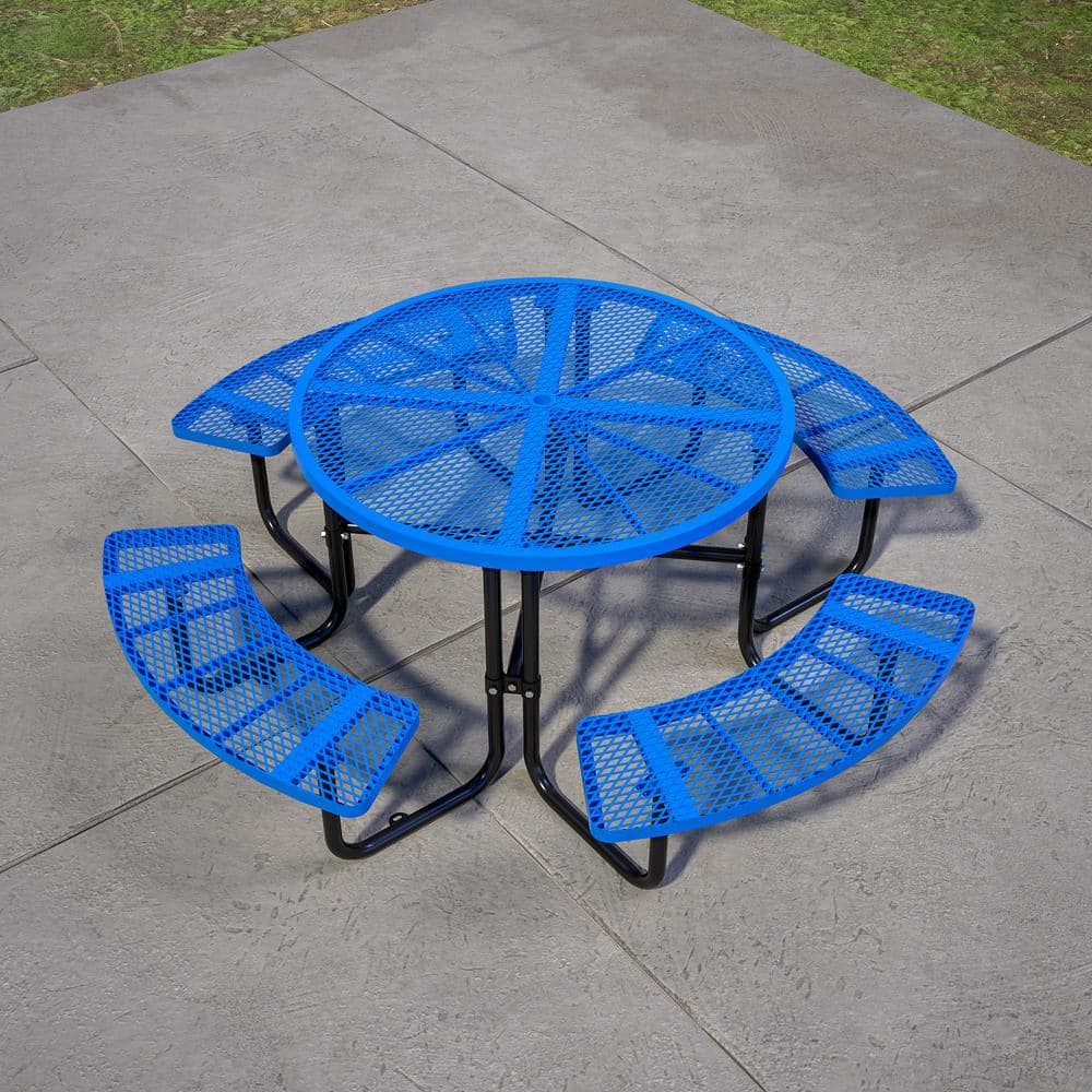 Thanaddo 46 in. Blue Outdoor Round Steel Picnic Table with Umbrella Hole, Seats 8-People