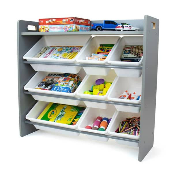 grey toy organizer with shelf