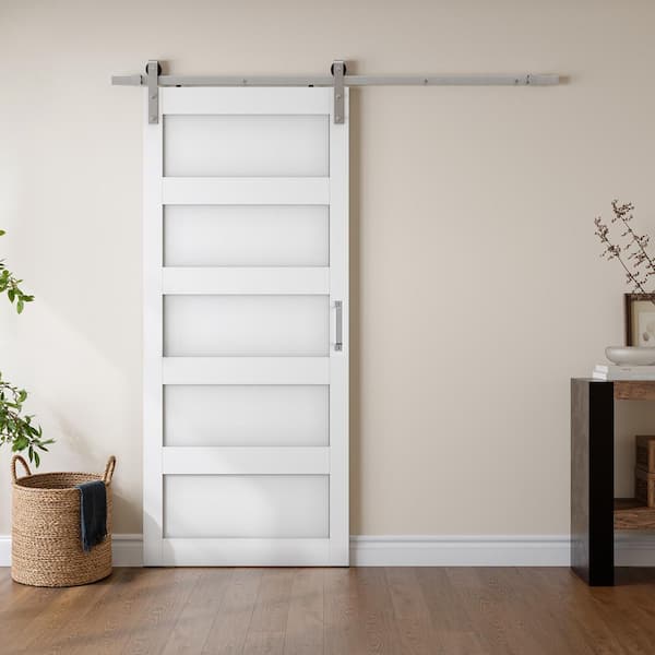 32 in. x 84 in. 5-Panel White Finished Composite Sliding Barn Door with Brushed Nickel Hardware Kit