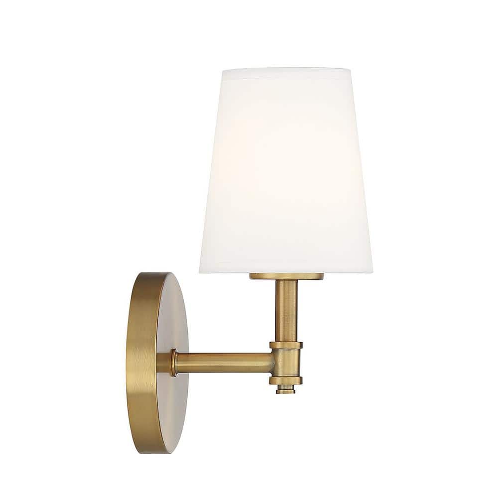 Natural Brass Dimmable Wall Sconce with White Linen Shade